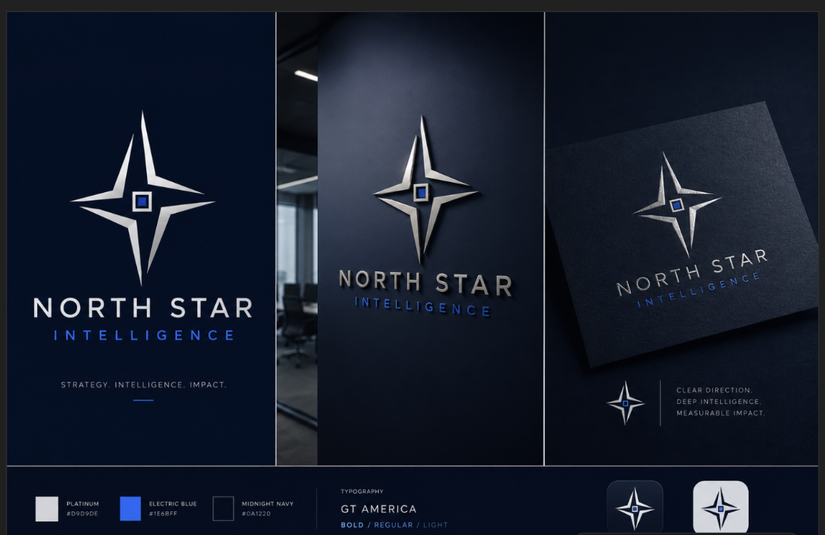 Brand board showing the North Star mark applied to signage, print, and app icons