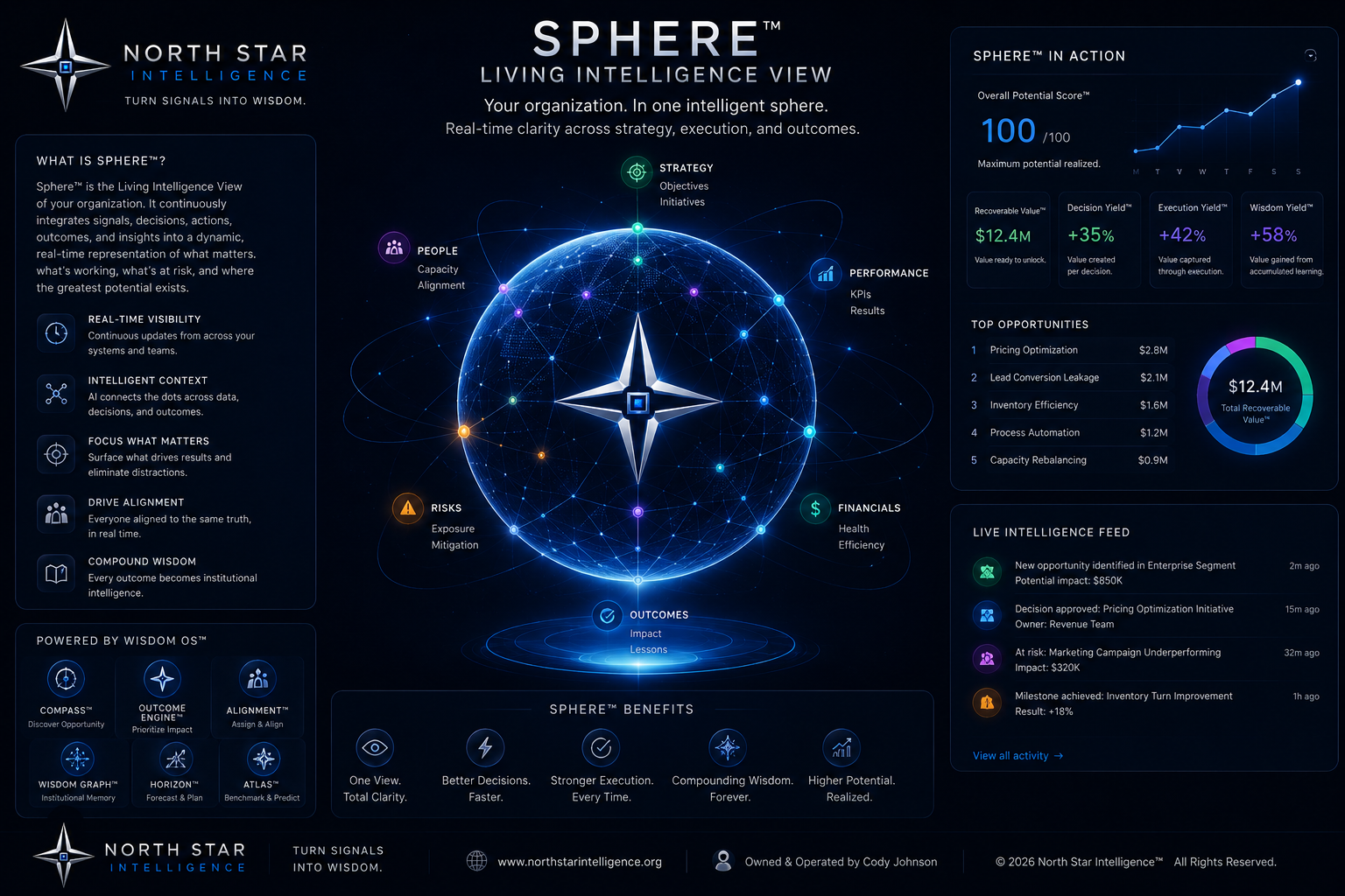 Observatory blueprint showing strategy, people, performance, risks, financials, and outcomes on one live view